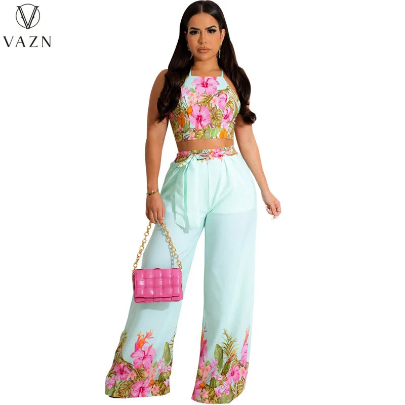 VAZN New 2023 Sleeveless Strapless Short Top Elastic Long Pants Printed Lady Two Piece Set Sexy Holiday Style Women Suit