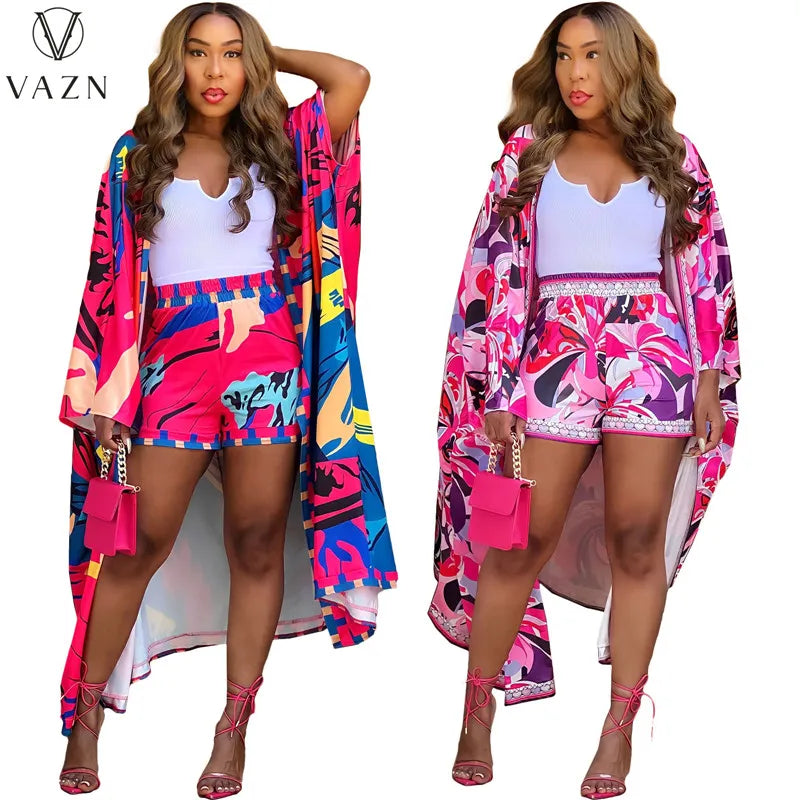 VAZN 2023 Street Casual Style Women Sets Long Sleeve Long Outwear Elastic Short Pants Lady Printed Lady Two Piece Set