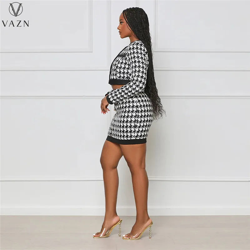 VAZN 2022 Street Girl Style Women Sets Long Sleeve Round Neck Short Top Elastic Mini Short Skirt Plaid Lady Two Piece Set