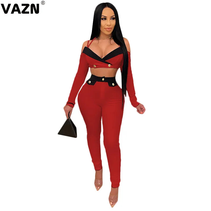 VAZN 2020 Patchwork Off Shoulder Bandage Sets Sexy Club Birthday Outfits Fashion Two Piece Women Sets