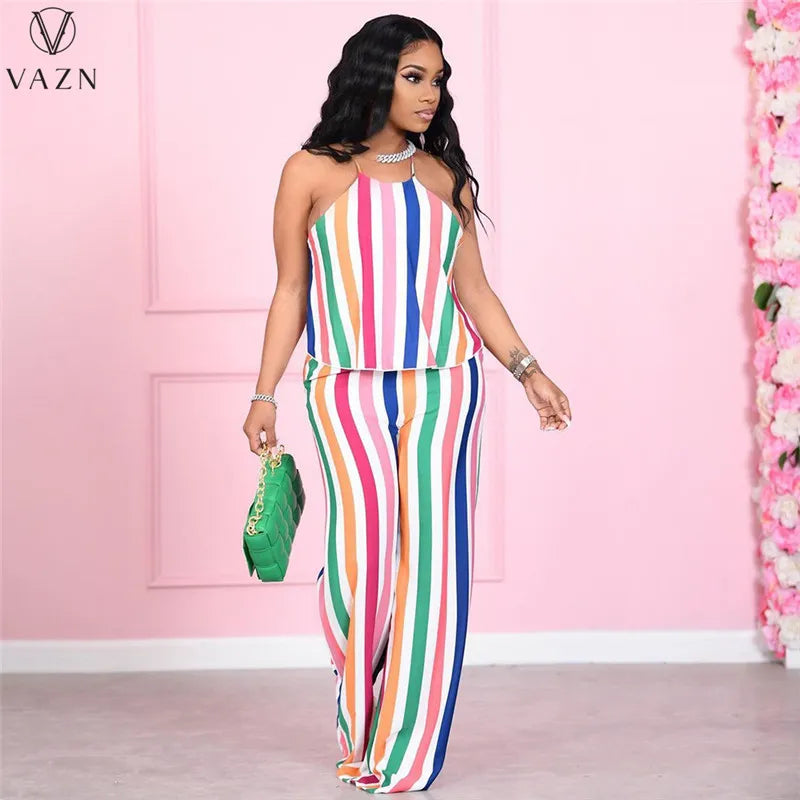 VAZN 2023 New Fashion Casual Street Style 2 Piece Sets sleeveless dew shoulder Top elastic Long Pants Printed Women Set