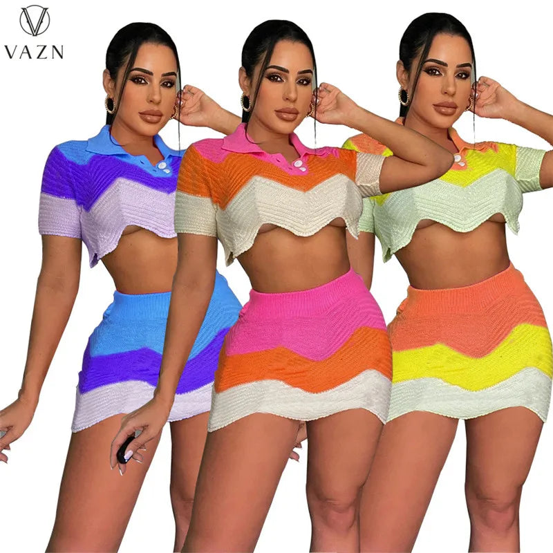 VAZN 2022 Street Girl Style Women Suit Short Sleeve Dew Waist Top Elastic Mini Short Skirt Stitching Color Lady Two Piece Set