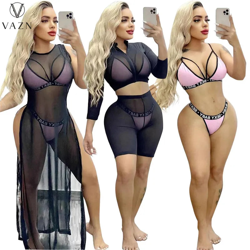 VAZN 2023 Sexy Beach Style Women Sets Short Top Short Pants Bikini Sleeveless Long Dress Pure Color Lady 5 Piece Set