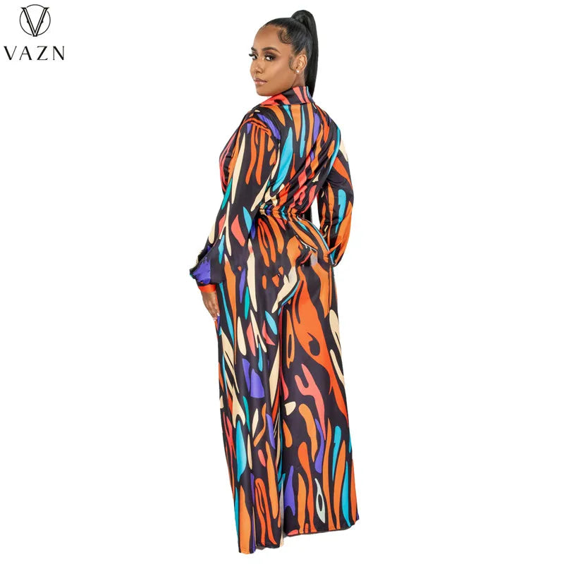 VAZN 2023 New Fashion Casual Street Style 2 Piece Sets Long Sleeve Lapel Shirt Elastic Long Pants Printed Women Set