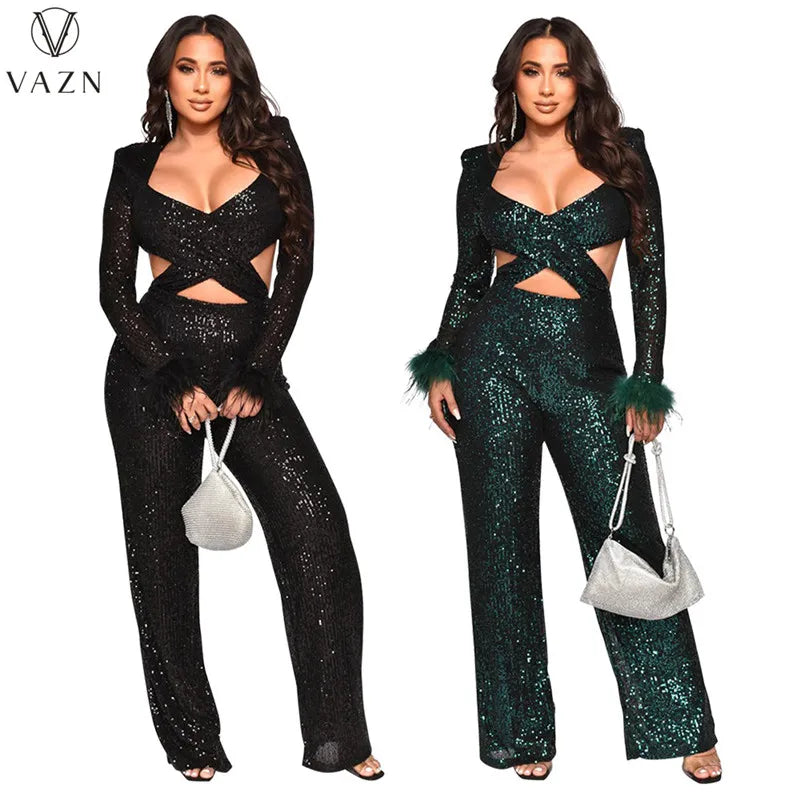 VAZN New 2023 Fashion Sexy Street Style Women Suit Long SleeveV Neck Short Top Elastic Long Pants Pure Color Two Piece Sets