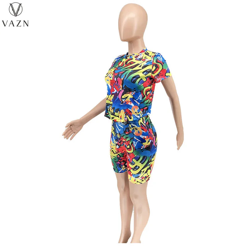 VAZN 2023 Street Casual Style Women Sets Short Sleeve Round Neck Top Elastic Short Pants Lady Printed Lady Two Piece Set