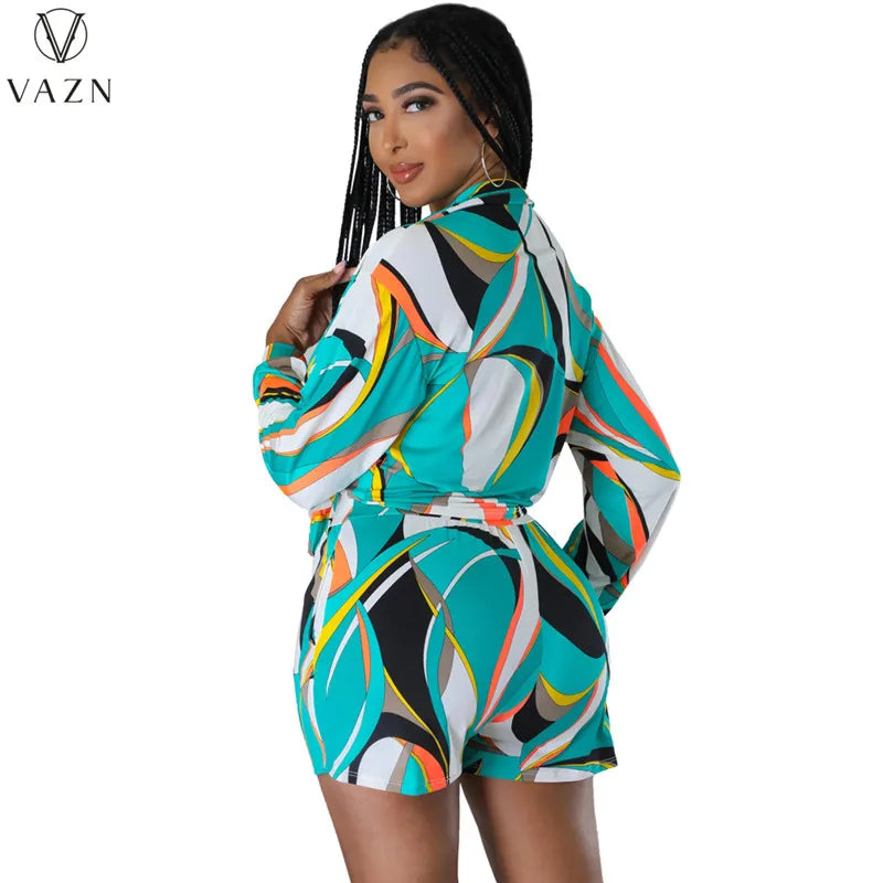 VAZN 2023 New Street Casual Style Women Sets Long Sleeve Lapel Top Elastic Short Pants Lady Printed Lady Two Piece Set