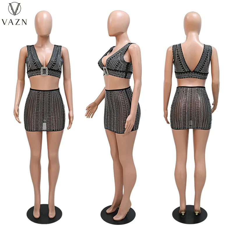 VAZN 2022 Hot Sale Sexy Club Party Style Women Sets Sleeveless V Neck Short Top Elastic Mini Short Skirt Lady Two Piece Set