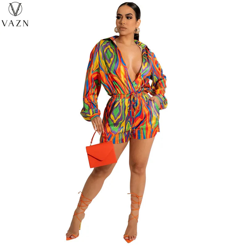 VAZN New 2022 Fashion Street Casual Style Women Suit Long Sleeve Lapel Top Elastic Pockets Short Pants Printed Two Piece Set