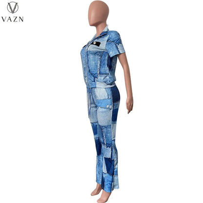 VAZN 2023 New Fashion Casual Street Style 2 Piece Sets Short Sleeve Lapel Zipper Top Elastic Long Pants Printed Women Set