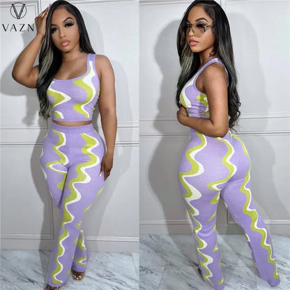 VAZN 2023 New Fashion Sexy Street Style 2 Piece Sets Sleeveless round neck short top Elastic Long Pants Printed Women Set