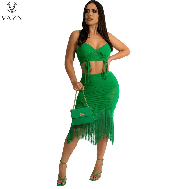 VAZN 2022 Sexy Street Style Women Suit Sleeveless Dew Waist Top Elastic Mid Long Skirt Pure Color Two Piece Set