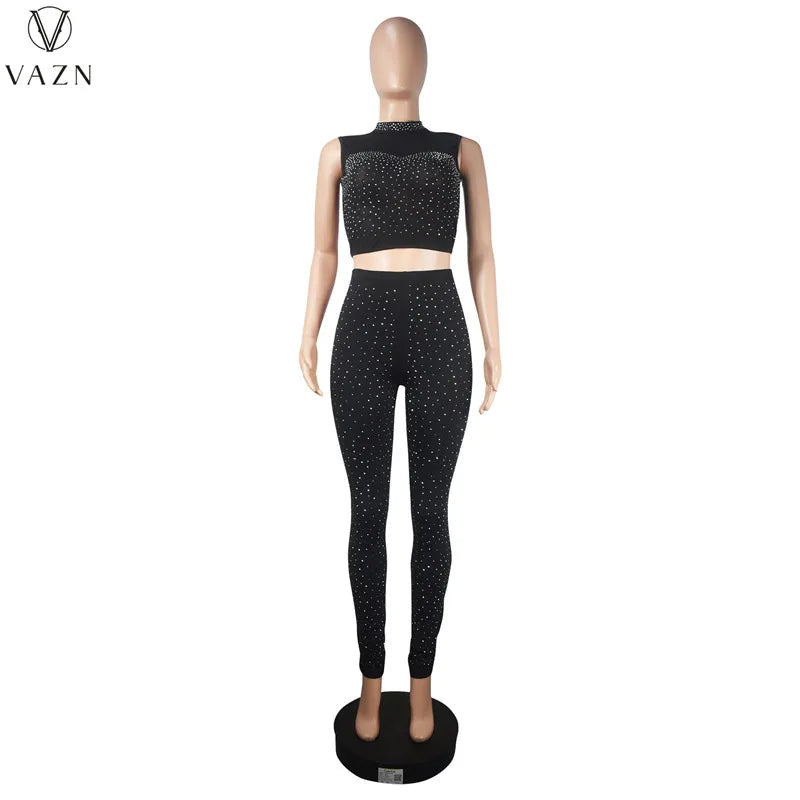 VAZN New 2023 Fashion Sexy Street Style Women Suit Sleeveless Round Neck Short Top Elastic Long Pants Pure Color Two Piece Sets