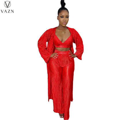 VAZN New 2022 Fashion Casual Street Style Women Suit Long Sleeve Outwear Short Vest Long Pants Pure Color 3 Piece Set