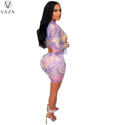 VAZN 2022 Women Sexy Holiday Style Sets Long Sleeve Lapel Short Top Elastic Short Pants Printed Lady Two Piece Set