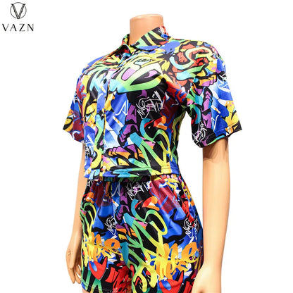 VAZN 2023 Sexy Girl Style Women Sets Short Sleeve Lapel Short Elastic Pockets Short Pants Lady Printed Lady 2 Piece Set