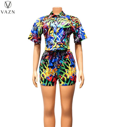 VAZN 2023 Sexy Girl Style Women Sets Short Sleeve Lapel Short Elastic Pockets Short Pants Lady Printed Lady 2 Piece Set