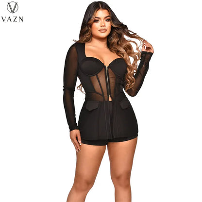 VAZN 2022 New Women Sexy Street Style Sets Long Sleeve Strapless Zipper Top Elastic Short Pants Pure Color 2 Piece Set