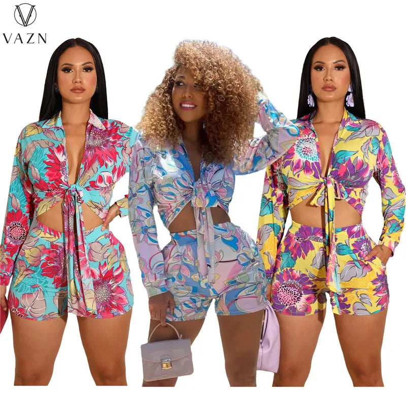 VAZN 2022 New Women Casual Holiday Style Sets Long Sleeve Deep V Top Elastic Short Pants Printed Lady 2 Piece Set