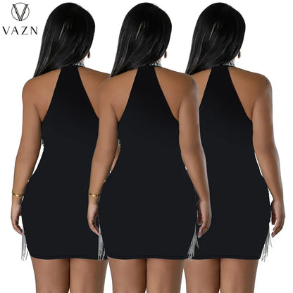 VAZN 2023 New Luxury Designer Solid Young Sexy Club Hotsweet Diamonds Halter Off Shoulder Tassel High Waist Women Short Dress