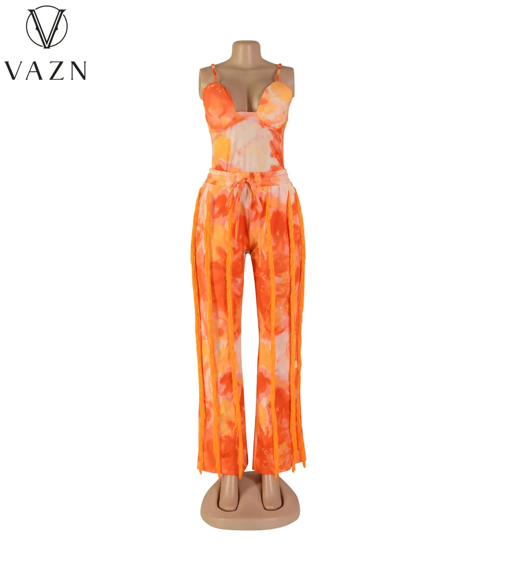 VAZN New 2023 Sleeveless Strapless Jumpsuits Elastic Long Pants Printed Lady Two Piece Set Casual Street Style Women Suit