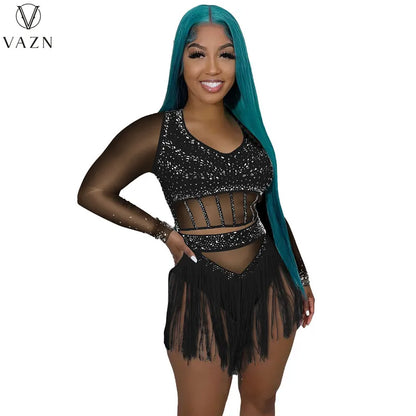 VAZN 2023 Sexy Girl Style Women Sets Long Sleeve Deep V Top Elastic Tassel Short Pants Lady Pure Color Lady Two Piece Set