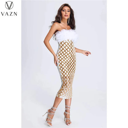 VAZN 2023 New Luxury Designer Young Sexy Club Patchwork Strapless Sleeveless Backless Women High Waist Long Pencil Dress