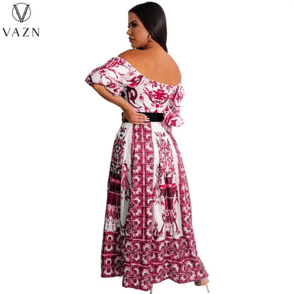 VAZN 2023 Hot Sale Women New High Street Style Long Dress Short Sleeve Card Shoulder Dress Printed Lady Floor Length Dress