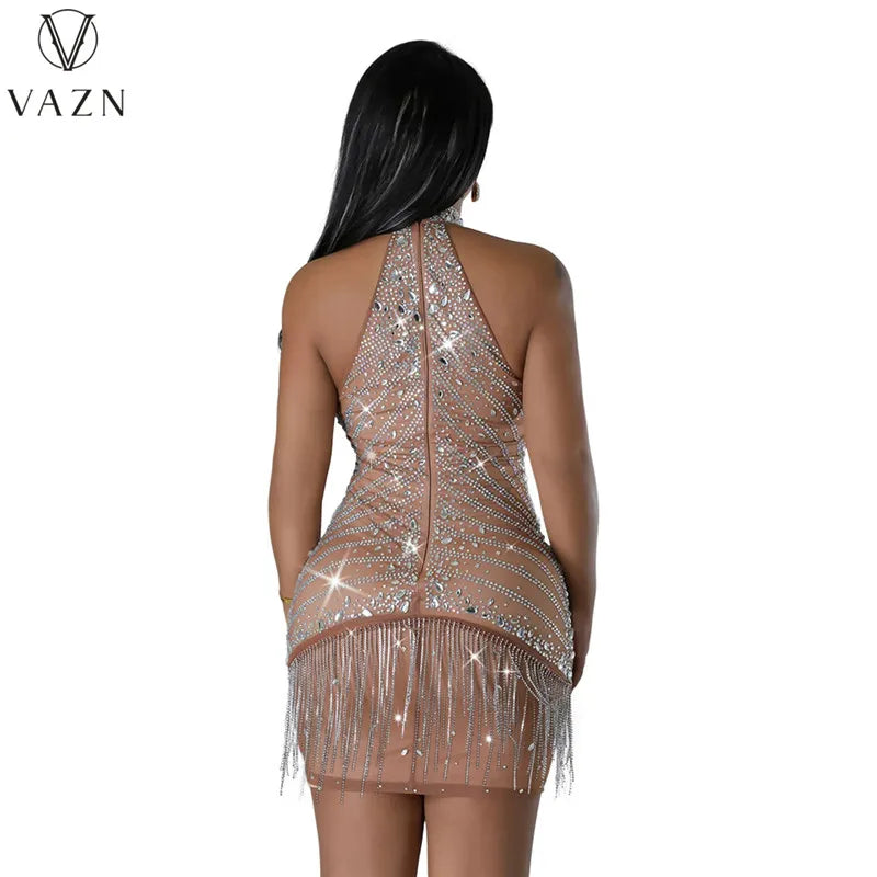 VAZN 2023 New Luxury Designer Solid Lace Sexy Club Hotsweet Diamonds Halter Off Shoulder Tassel High Waist Women Short Dress