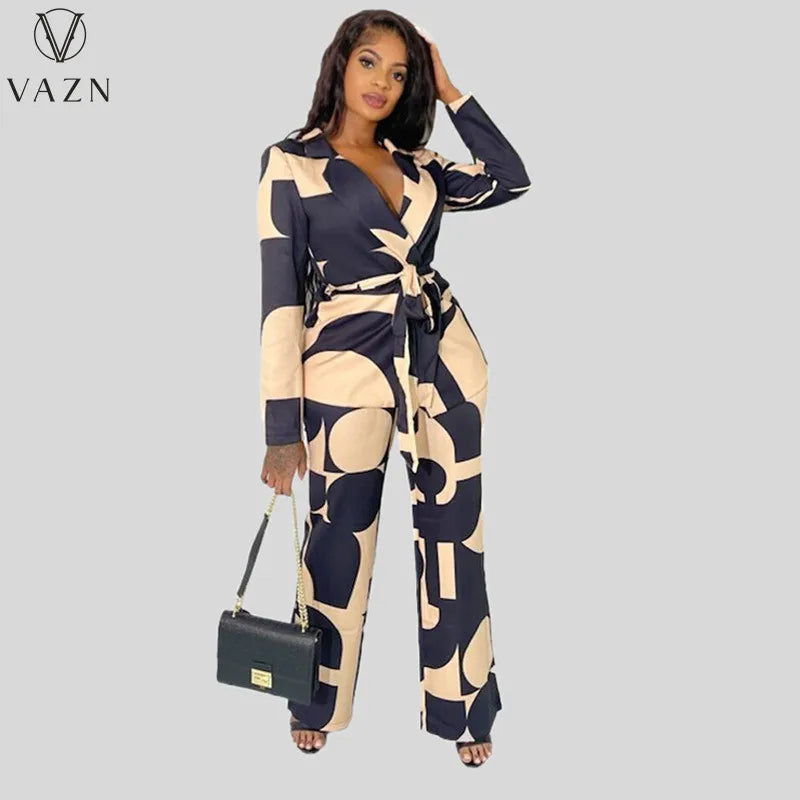 VAZN 2023 Hot Popular Retro Print Suit Set Office Lady Open Stitch Full Sleeve + Long Wide Leg Pants Women 2 Piece Set