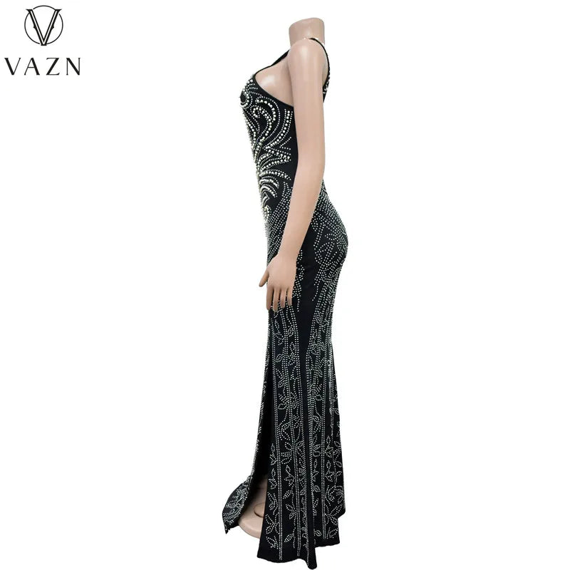 VAZN 2023 New Luxury Designer Young Sexy Club Diamonds Flaring Spaghetti Strap Backless Women High Waist Long Mermaid Dress