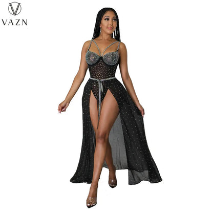 VAZN 2022 Sexy Club Party Style Women Suit Sleeveless Jumpsuits Elastic Floor Length Skirt Pure Color Two Piece Set