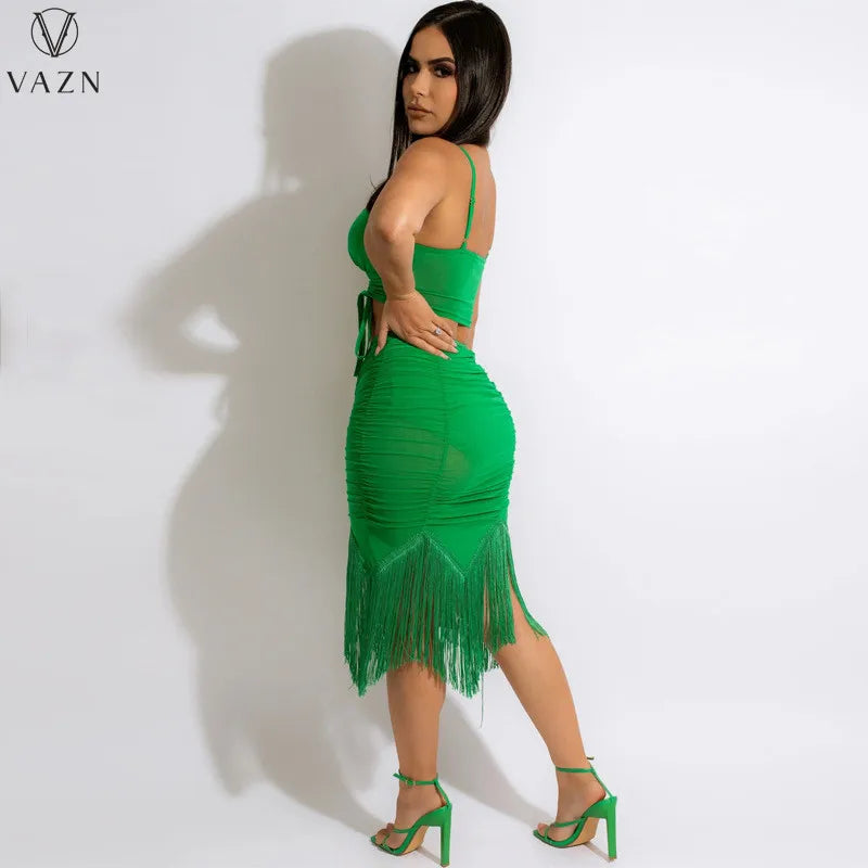 VAZN 2022 Sexy Street Style Women Suit Sleeveless Dew Waist Top Elastic Mid Long Skirt Pure Color Two Piece Set