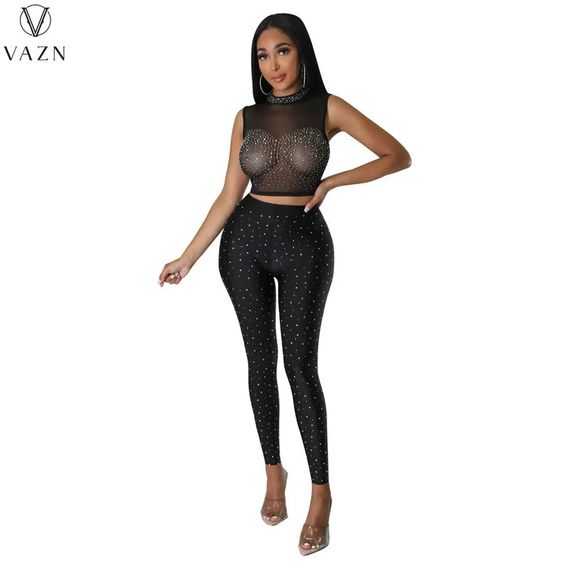 VAZN New 2023 Fashion Sexy Street Style Women Suit Sleeveless Round Neck Short Top Elastic Long Pants Pure Color Two Piece Sets