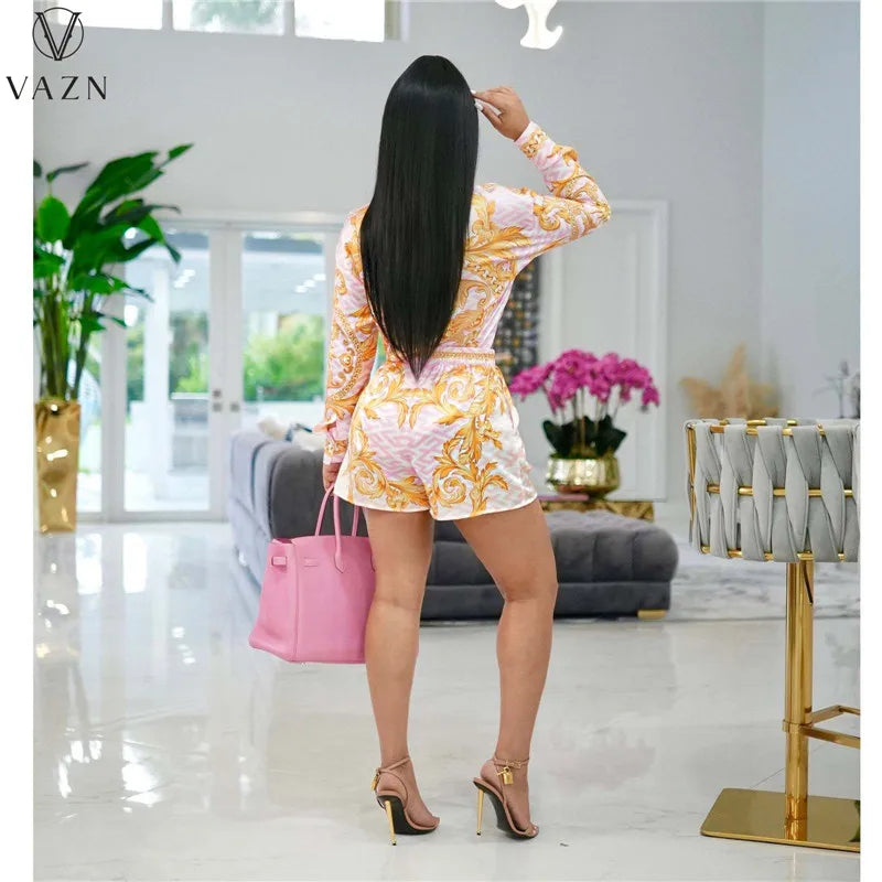 VAZN 2022 New Women Casual Street Style Sets Long Sleeve Lapel Single Breasted Shirt Elastic Short Pants Printed 2 Piece Set