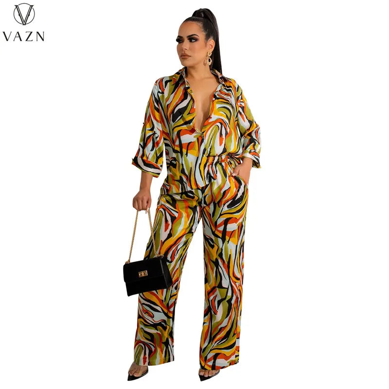 VAZN New 2022 Long Sleeve Lapel Shirt Elastic Long Pants Printed Lady 2 Piece Set Casual Street Style Women Suit