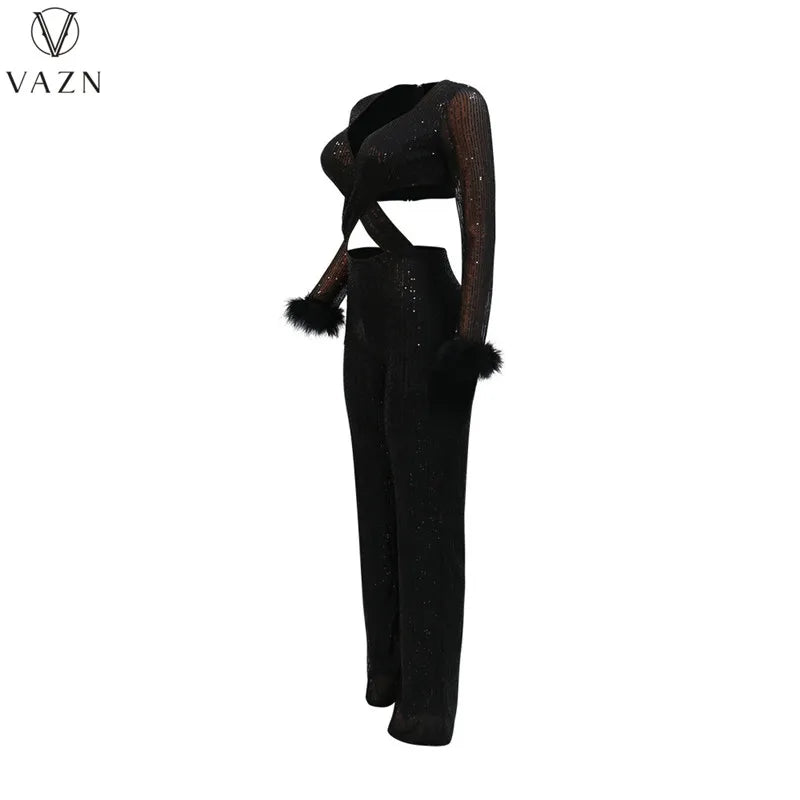 VAZN New 2023 Fashion Sexy Street Style Women Suit Long SleeveV Neck Short Top Elastic Long Pants Pure Color Two Piece Sets