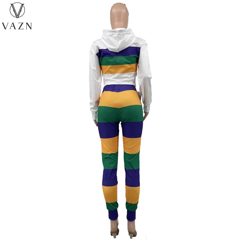 VAZN 2023 Hot Sales Striped Young Casual Suitable Tracksuits Free Hooded Full Sleeve +Long Pencil Pants Women 2 Piece Set