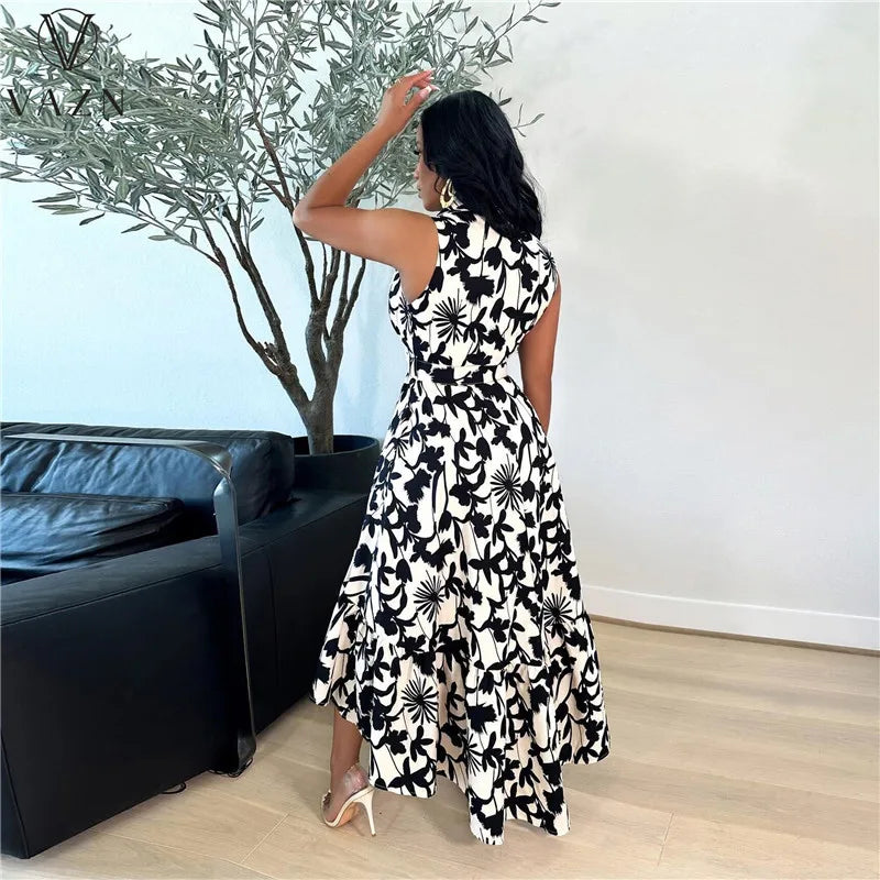 VAZN 2023 Fashion Hot Sale Women New Street Casual Style Long Dress Sleeveless Lapel Dress Printed Lady Ankle Length Dress