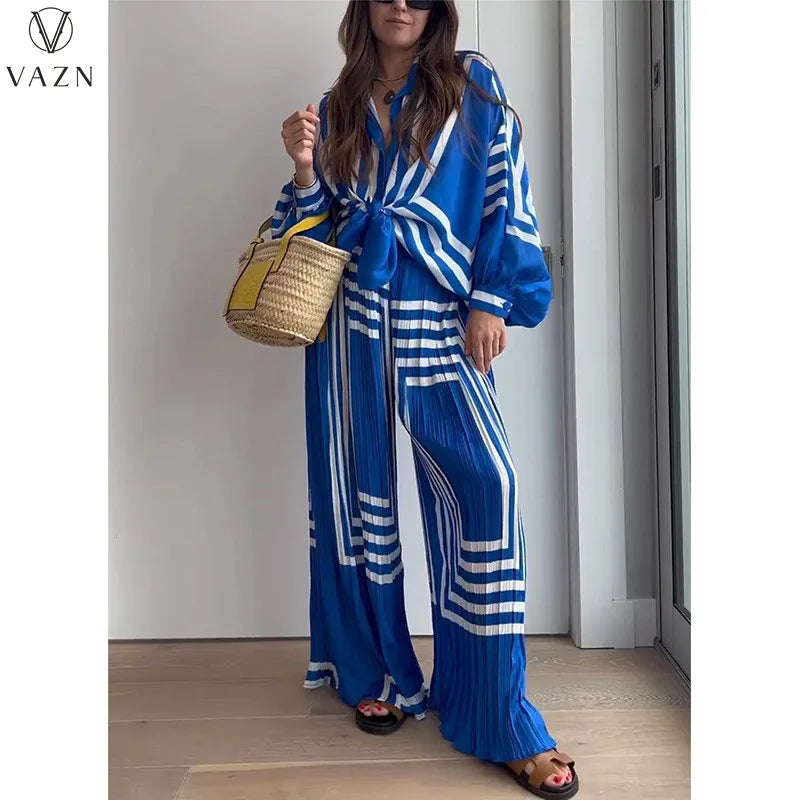 VAZN 2023 New Lady Casual Street Style 2 Piece Sets Long Sleeve Lapel Shirt Elastic Long Pants Printed Women Sets