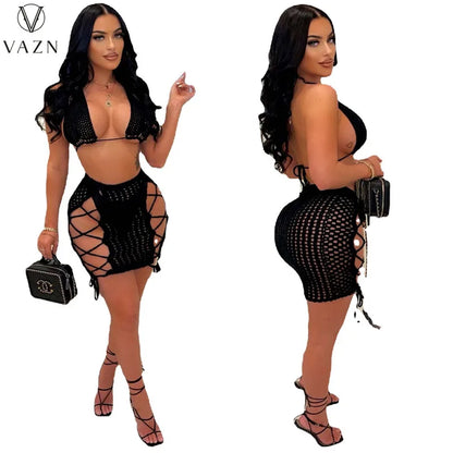 VAZN 2022 Fashion New Sexy Club Party Style Women Suit Sleeveless Short Top Elastic Mini Short Skirt Hollow Out 2 Piece Sets