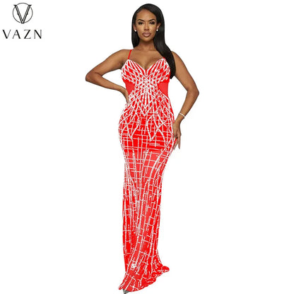 VAZN 2023 New Luxury Designer Young Sexy Club Patchwork Strapless Sleeveless Backless Women High Waist Long Pencil Dress