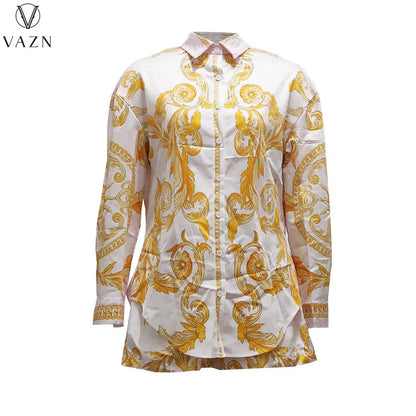 VAZN 2022 Long Sleeve Lapel Short Shirt Elastic Short Pants Printed 2 Piece Sets Ladies Fashion Street Casual Style Women Suit