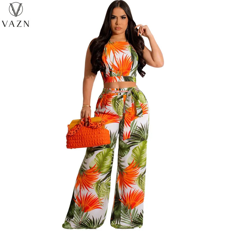 VAZN New 2023 Sleeveless Strapless Short Top Elastic Long Pants Printed Lady Two Piece Set Sexy Holiday Style Women Suit