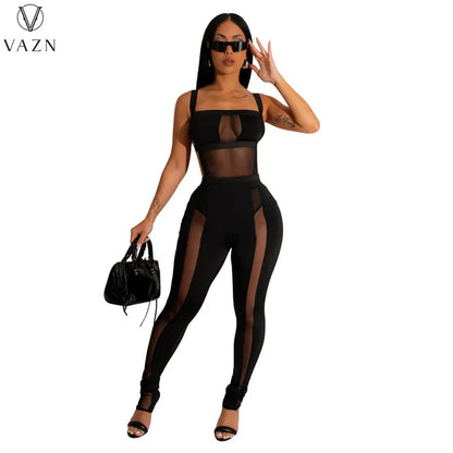 VAZN 2023 New Fashion Sexy Street Style 2 Piece Sets Sleeveless Jumpsuits Elastic Long Pants Pure Color Women Set