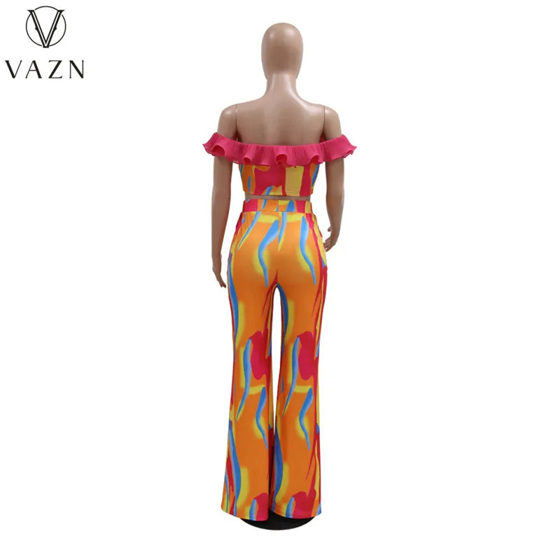 VAZN New 2023 Short Sleeve Card Shoulder Top Elastic Long Pants Printed Lady 2 Piece Set Fashion Casual Street Style Women Suit