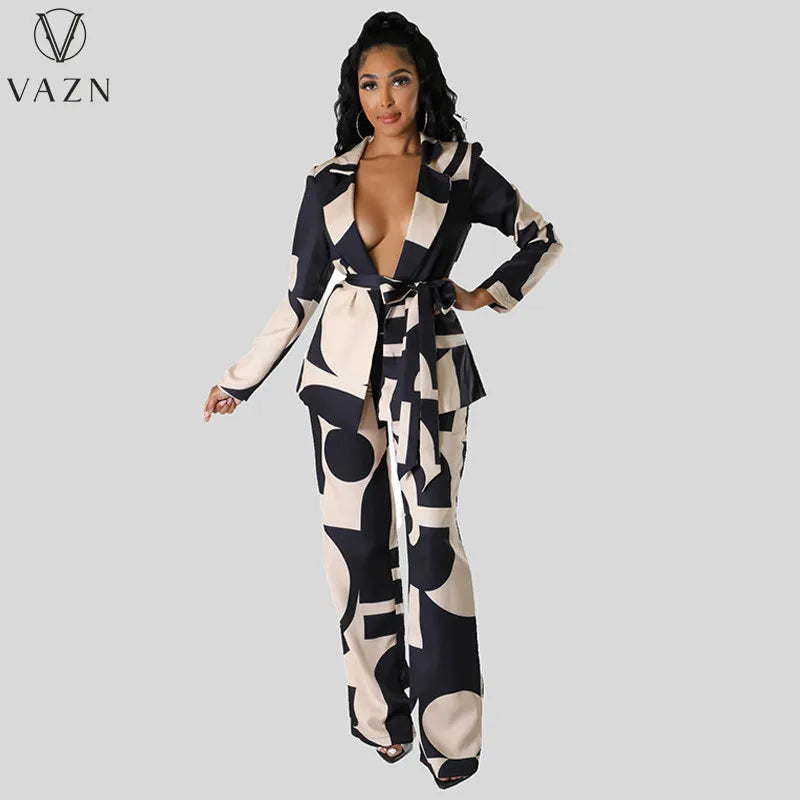 VAZN 2023 Hot Popular Retro Print Suit Set Office Lady Open Stitch Full Sleeve + Long Wide Leg Pants Women 2 Piece Set