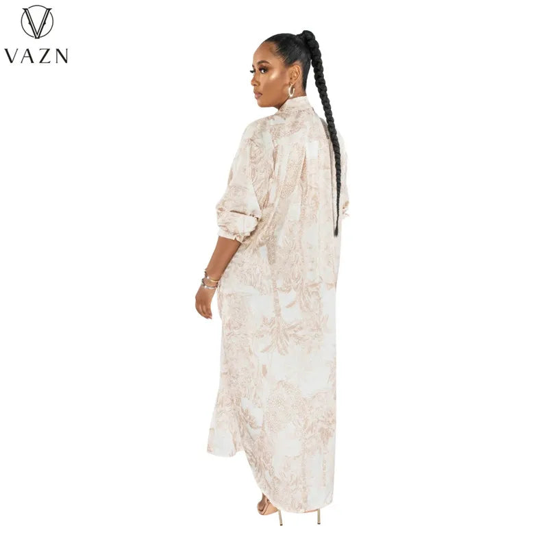 VAZN 2023 Printed Lady Long Dresses Hot Sale Long Sleeve Lapel Dress Casual Street Style Women Floor Length Shirt Dress