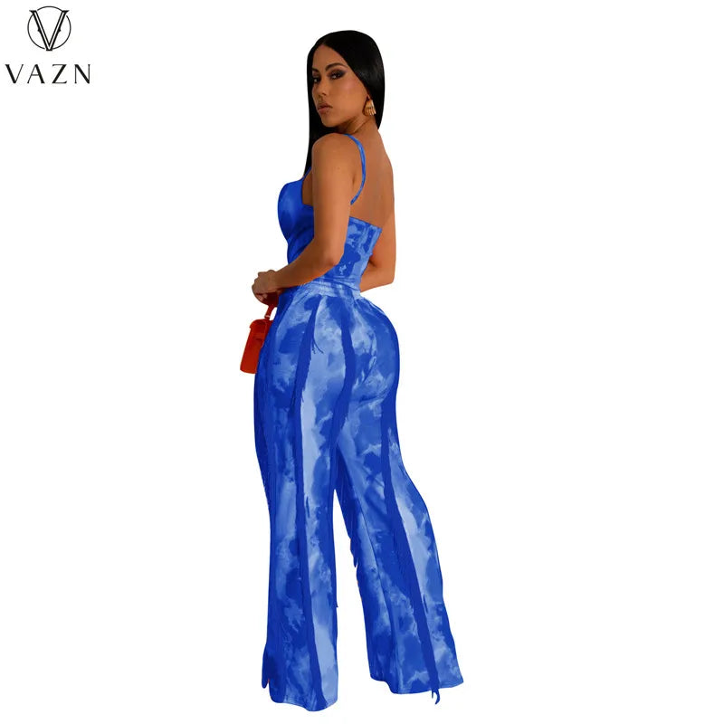 VAZN New 2023 Sleeveless Strapless Jumpsuits Elastic Long Pants Printed Lady Two Piece Set Casual Street Style Women Suit