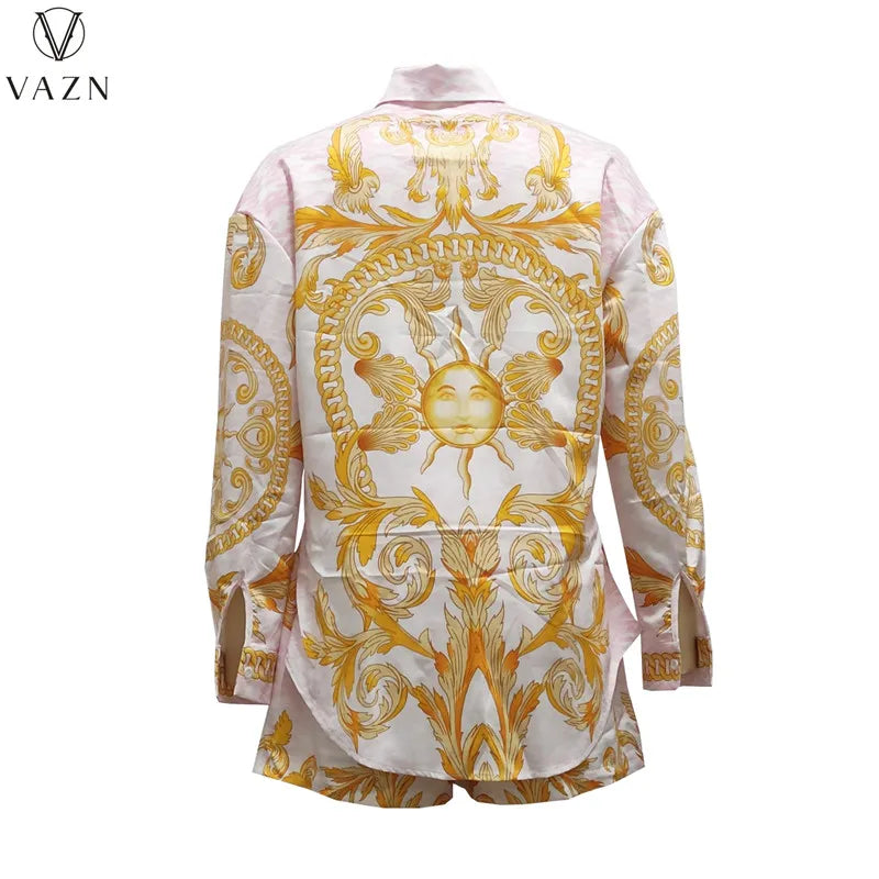 VAZN 2022 Long Sleeve Lapel Short Shirt Elastic Short Pants Printed 2 Piece Sets Ladies Fashion Street Casual Style Women Suit